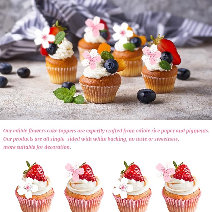 60pcs Edible Flowers Cake Decorations – Edible Flowers Cupcake Toppers | Edible Flowers Cherry Blossoms Cake Toppers Decorations Wafer Paper, Flower Cupcake Toppers for Wedding Birthday Party - Image 2