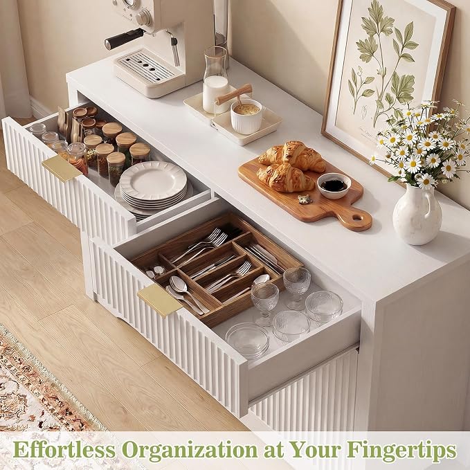 Cyclysio 55" Fluted Sideboard Buffet Cabinet with Drawers, White | Modern Accent Storage Console Table & Coffee Bar Station with Adjustable Storage Shelves for Dining Room, Kitchen, Entryway - Image 6