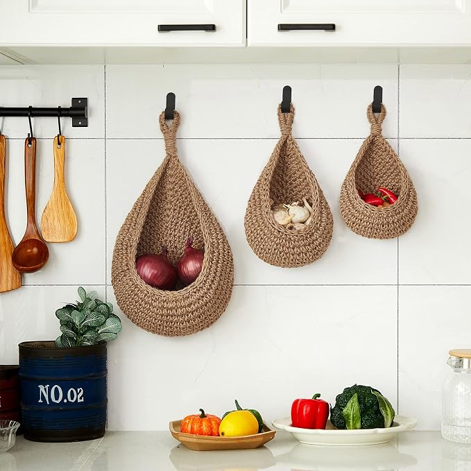 Honeydak Boho Decor Hanging Wall Baskets for Kitchen 3 Pack Teardrop Baskets with Hooks Storage Fruit Onion Vegetable Potato for Home 3 Sizes(Linen,Teardrop,Jute) - Image 6