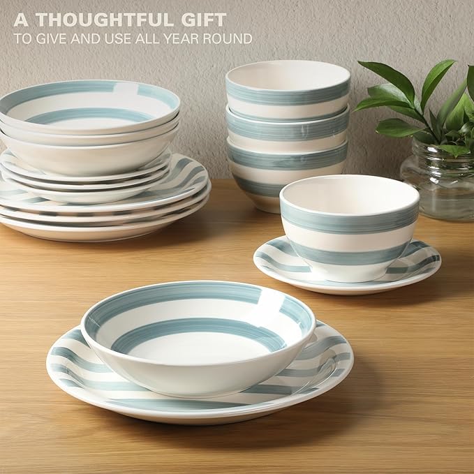 Gibson Home Kenwood Shores 16 Piece Dinnerware Set, Blue Striped, Hand-Painted Stoneware Dishes, Plates and Bowls, Service for 4, Microwave & Dishwasher Safe - Image 4