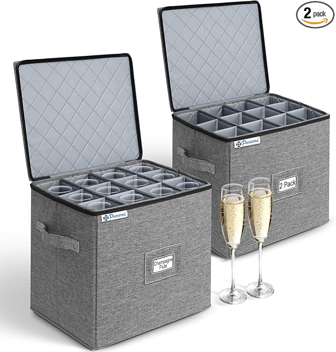 punemi Champagne Flute Storage Container, 2-Pack Hard Shell Wine Glass Box | Hard shell top, bottom and sides with dividers, stackable design for champagne flutes, white wine glasses and stemware by Punemi