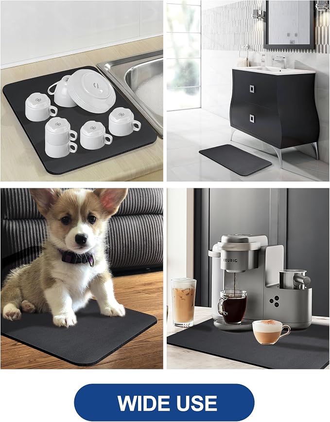 Dish Drying Mat for Kitchen Counter, 16"x24" Pad with Rubber Backed (Black) | Hide Stain Anti Absorbent for Kitchen Counter, Non-slip Drying Mat for Coffee Machine Dish Rack - Image 6