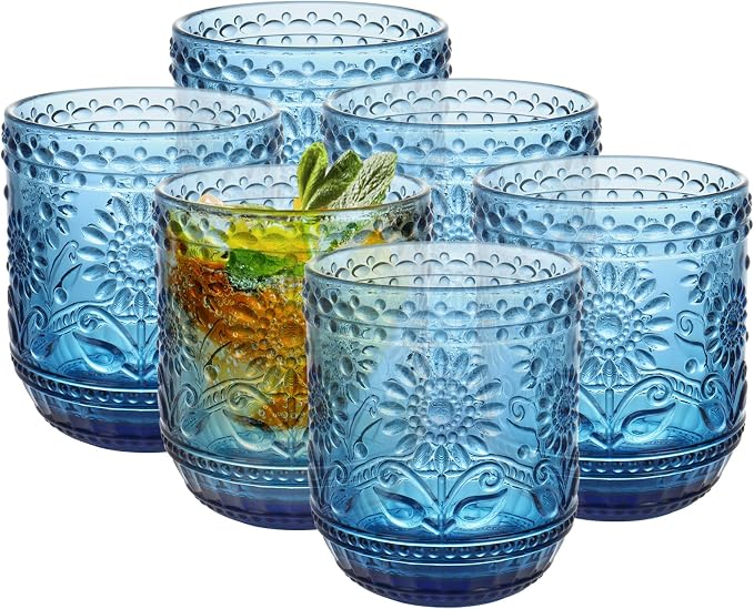 Topsky Vintage Drinking Glass Set of 6,12 oz Embossed Floral Decorative Glassware Set,Glass Cups Wine Glasses Beverages Tumblers Colored Glassware for Whisky,Beer,Juice,Cocktail,Heavy Duty by HomeandKitchenNO1