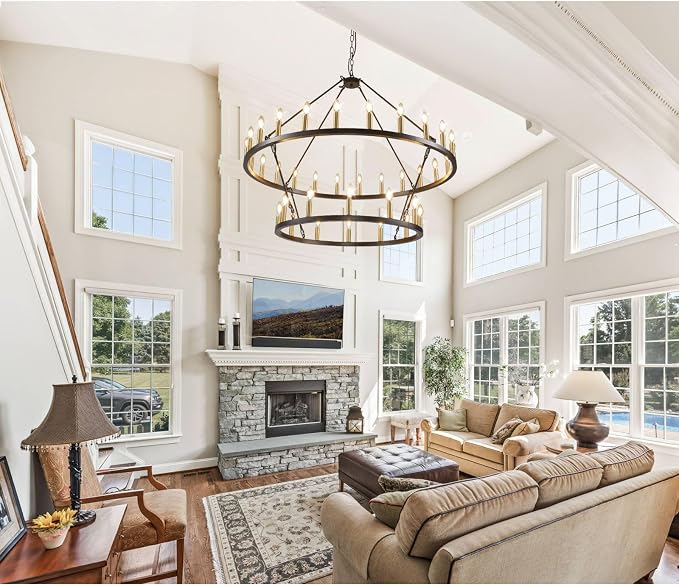 47 Inch Round Black and Gold Chandelier, 2 Tier 36-Lights Farmhouse Wagon Wheel Chandelier, Rustic Dining Room Light Fixtures, Extra Large Foyer Chandeliers for High Ceilings, for Staircase, Entryway - Image 6