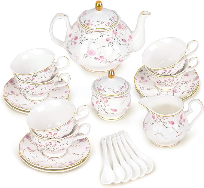 fanquare 21-Piece Gold Vine Floral Porcelain Tea Sets with Sugar Bowl Creamer Teacups, English Bone China Tea Service for Women TeaParty Family Gathering Home Décor | Porcelain Tea Service with Sugar Bowl Creamer Teacups for Women TeaParty Family Gathe... by fanquare