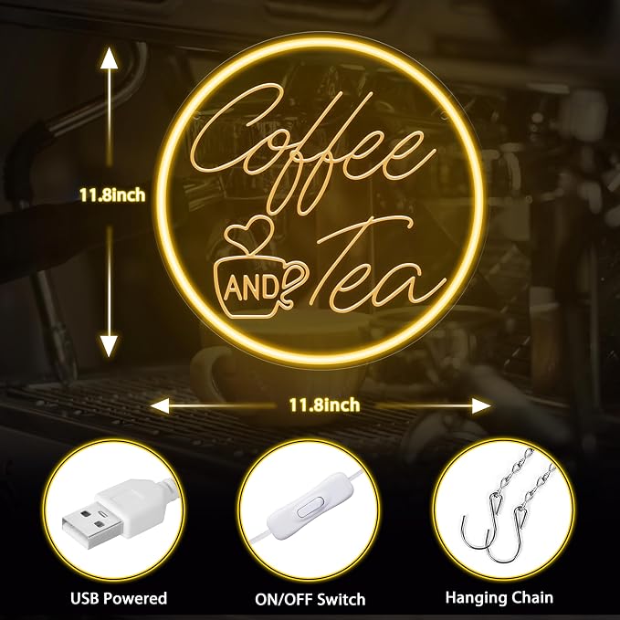 Kavaas Coffee and Tea Neon Signs 11.8"x 11.8", 3D Carved Coffee Neon Sign for Cafe Station, Tea Bar, Kitchen Decoration - Best Gifts for Birthday, Housewarming, Christmas - Image 3