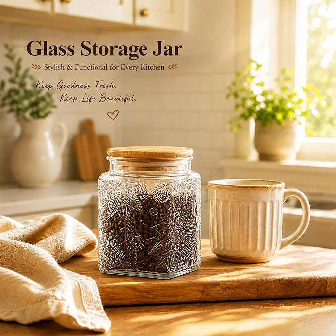 Glass Storage Jars With Airtight Lid, 23.7oz Canister For Kitchen Counter with Bamboo Lid, brown sugar, candy, coffee, cookie, salt, tea,pantry cute Jar (Square Sunflower) - Image 6