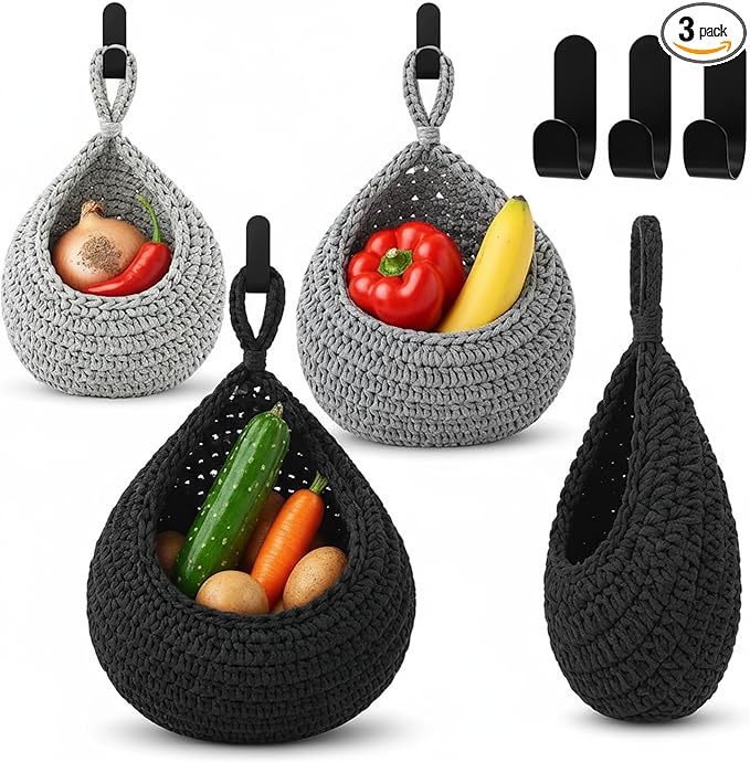 Honeydak Boho Decor Hanging Wall Baskets for Kitchen 3 Pack Teardrop Baskets with Hooks Storage Fruit Onion Vegetable Potato for Home 3 Sizes(Light Grey, White, Dark Grey,Teardrop,Cotton Rope) by Honeydak