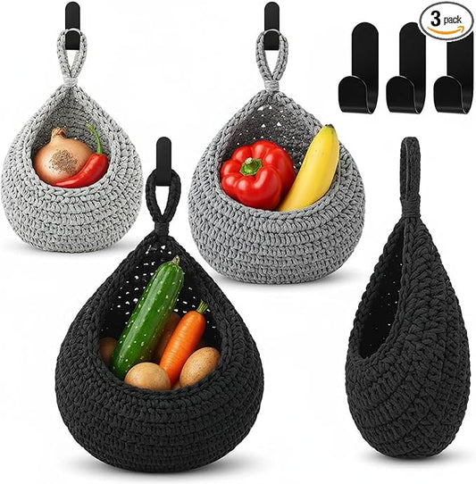 Honeydak Boho Decor Hanging Wall Baskets for Kitchen 3 Pack Teardrop Baskets with Hooks Storage Fruit Onion Vegetable Potato for Home 3 Sizes(Light Grey, White, Dark Grey,Teardrop,Cotton Rope) by Honeydak