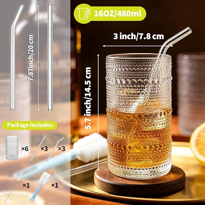 Large Hobnail Drinking Glasses with Straws, 16 oz/480 ml, 6 Pack | Vintage Hobnail Glassware Highball Glasses for Cocktail, Juice, Whiskey, Beer, Milk and Various Mixed Drinks - Image 2