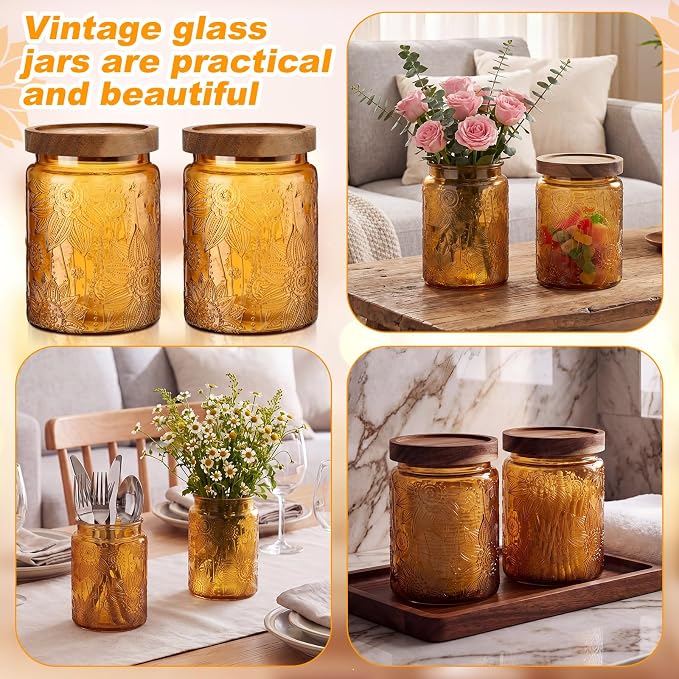 LemonRoad 2 Pcs Vintage Brown Glass Storage Jars 23.7 oz Mason Jar Canister with Wood Lids Food Storage Container for Cookie, Pantry, Candy Kitchen, Coffee, Tea, Flour, Sugar, Decorative Home Decor - Image 5