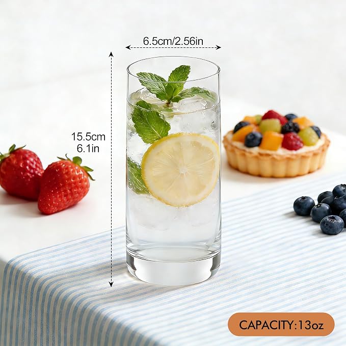 Highball Glasses Set of 6,13oz Clear Drinking Glass Cups for Mixed Drink Cocktail, Beer, Mojito, Water and Juice, Thick Tall Crystal Glassware for Kitchen, Restaurant, Home Bar and Parties - Image 2
