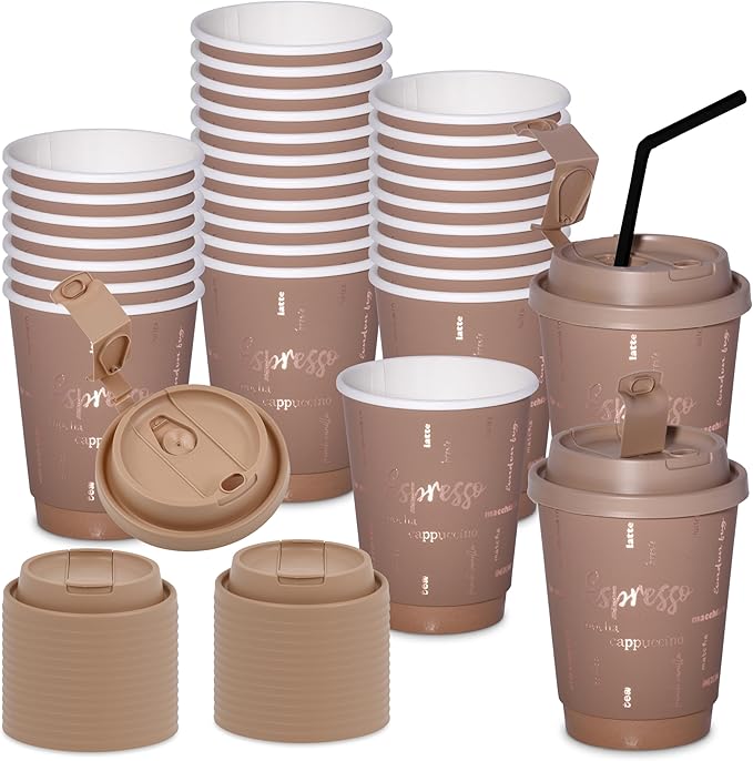 12oz Premium Disposable Coffee Cups, Double-Wall Insulated Paper Cups with Flip-Top Lids, No Sleeves Needed, To-Go Cups for Coffee, Tea, Hot Chocolate, Events, Rose Gold Print (Brown, 60ct)