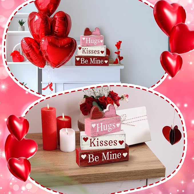 Moucuny 4 Pcs Valentine's Day Table Decorations Wooden Heart Valentine Tiered Tray Decor Valentine Day Centerpiece Rustic Decorative Heart Block Signs Gift Farmhouse Valentines Decor for Home Kitchen - Image 6