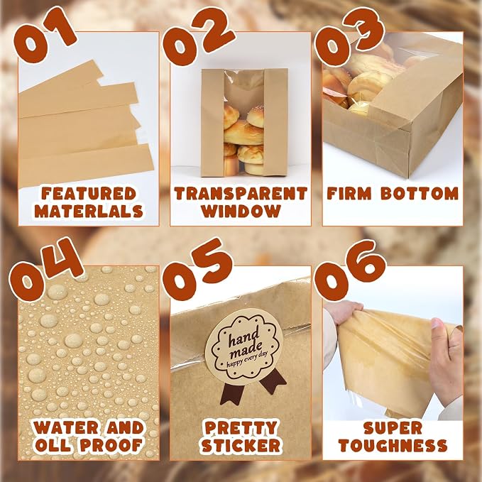 1000 Packs Paper Bread Bags for Homemade, Sourdough Bread Bags with Clear Window Includes Label Seal 1000 Pcs Stickers, Bakery Packaging Storage for Cookies Snack (13.7x8.2x3.5 inch) - Image 3