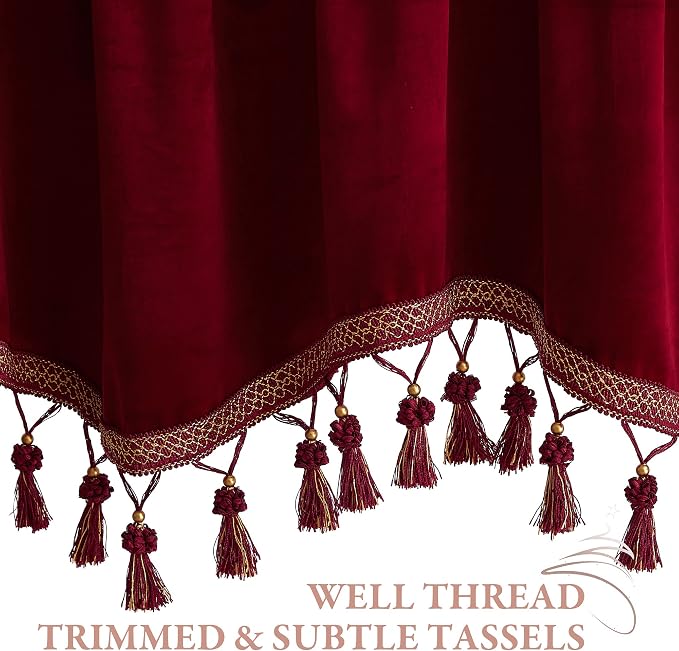 Red Tassel Christmas Velvet Valances Curtains 52x18 Inch 2 Panels | Christmas Home Decoration, Rod Pocket Kitchen Tassel Tier Curtains Room Darkening Window Drapes for Bedroom, Bay Window - Image 4
