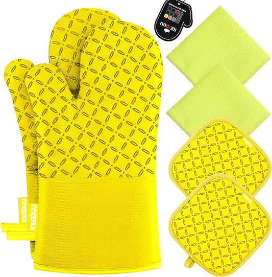 KEGOUU Oven Mitts and Pot Holders 6pcs Set, Kitchen Oven Glove High Heat Resistant 500 Degree Extra Long Oven Mitts and Potholder with Non-Slip Silicone Surface for Cooking (Yellow) by KEGOUUOvenMitt