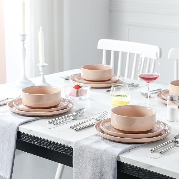 MALACASA Plates and Bowls Sets, 12 Pieces Modern Stoneware Dinnerware Set for 4 Kitchen Dinner Set Ceramic Dishware Dishes Set Microwave and Dishwasher Safe, Pink, Series TARA - Image 5