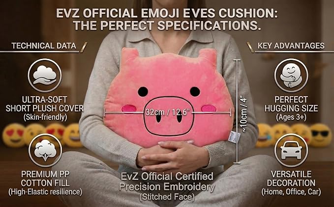 EvZ Official Certified Pig Emoji Pillow - 32cm Large Soft Plush Pink Piggy Face Emoticon Cushion - Cute Animal Decorative Stuffed Toy for Kids Room, Baby Shower & Nursery Decor (Pink) - Image 6