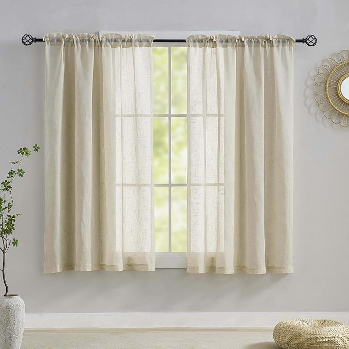 Home Brilliant Linen Blend Semi Sheer Curtains for Kitchen Window, Half Beige Panels, 54 x 45 inch Long, Set of 2 by HomeBrilliant
