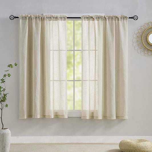 Home Brilliant Linen Blend Semi Sheer Curtains for Kitchen Window, Half Beige Panels, 54 x 45 inch Long, Set of 2 by HomeBrilliant