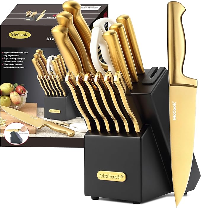 McCook® Knife Sets, Golden Titanium Stainless Steel Kitchen Knife Block Sets with Built-in Sharpener, 15 Piece Knives, Restaurant Grade Sharp, Elegant Gold & Stylish Wooden Block for Modern Culinary | German Forged Stainless Steel,15 PC,Razor Sharp,Ant... by McCook
