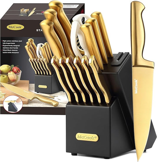 McCook® Knife Sets, Golden Titanium Stainless Steel Kitchen Knife Block Sets with Built-in Sharpener, 15 Piece Knives, Restaurant Grade Sharp, Elegant Gold & Stylish Wooden Block for Modern Culinary | German Forged Stainless Steel,15 PC,Razor Sharp,Ant... by McCook