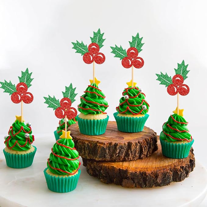 24 Pack Christmas Holly Leaves Cupcake Toppers Picks Christmas Eve Party Cake Baby Shower Birthday Party Cake Decoration Supplies - Image 2
