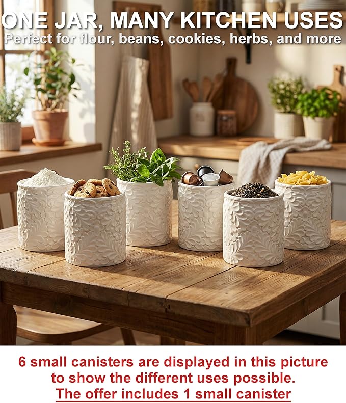 Small Engraved Ceramic Kitchen Canister - Storage Jars with Airtight Lids Made from Bamboo with Nature-Inspired Engraving - Use as a Pasta Holder, Coffee Ground Holder, Rice Container - 30 Ounces - Image 3