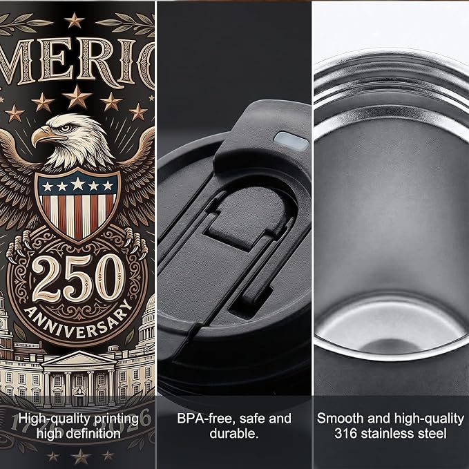 250th Anniversary Coffee Mug, 18 oz Insulated Mug, 250 Years America Garden Flag, Vintage Patriotic Design with 1776-2026 Dates, Military Anniversaries, Retirement & Holiday Commemorative Gift, Black - Image 4