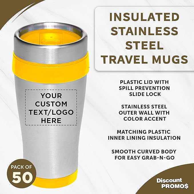 Custom Insulated Stainless Steel Travel Mugs 16 oz. Set of 50, Personalized Bulk Pack - Perfect for Coffee, Soda, Other Hot & Cold Beverages - Yellow