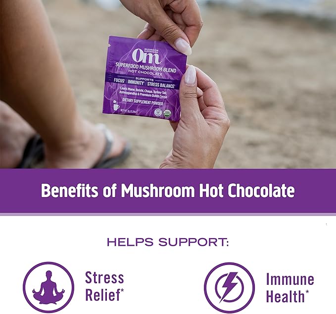 OM MUSHROOM SUPERFOOD Hot Chocolate Blend – Dutch Cocoa with Lion’s Mane, Reishi, Chaga & Turkey Tail – Supports Focus, Calm & Stress Relief – 2g Sugar, 25 Calories – 8.47 oz Canister (30 Servings)