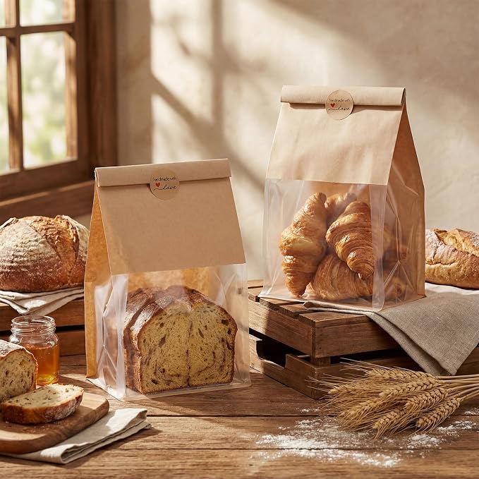 Fullhawl 180 Pcs Bakery Bags with Window, Kraft Paper Cookie Bags with Tin Tie for Sourdough, Pastry, Homemade Baked Goods, Storage Packaging (11.02 x 6.3 x 4.33 Inches) - Image 2