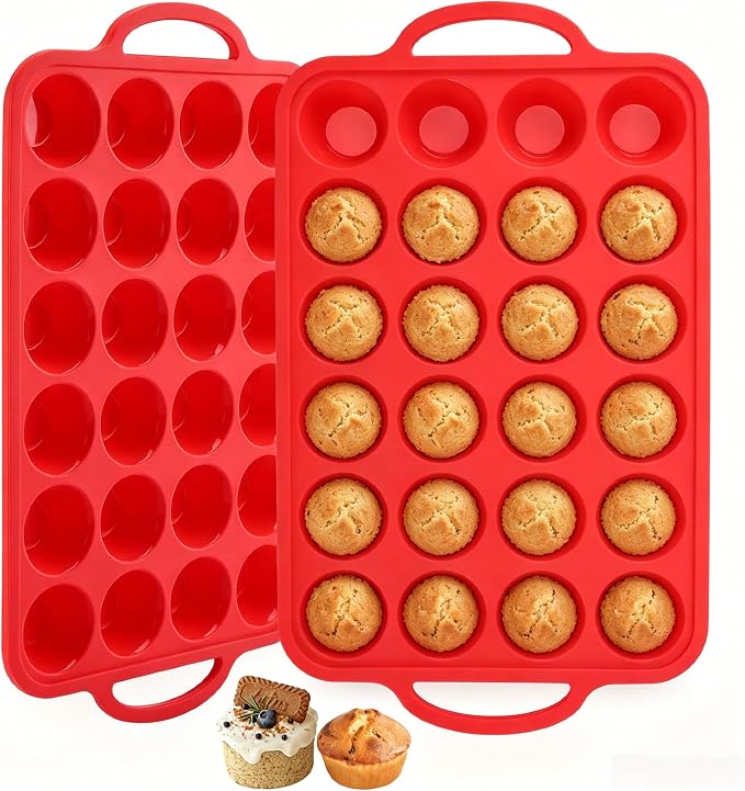Redfly Silicone Mini Muffin Pans for Baking 24 Cup with Steel Frame Non-Stick,2Pack Small Cupcake Pan, Food Grade, Easy Release,Dishwasher Oven Freezer Microwave Safe for Muffin Tin Cake Pop Molds by Redfly