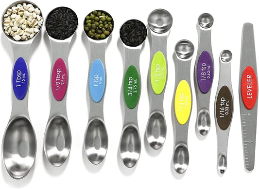 Magnetic Measuring Spoons Set Stainless Steel with Leveler, 9pcs Multicolors Measuring Cups Set for Baking, Measuring Cups and Spoon Set Kitchen Gadgets Apartment Essentials Fits in Spice Jars by BIDFUL