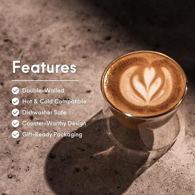 FLUR Latte Glass (Set of 2): For Lattes and Milk Drinks - Makes Latte Art Easier - Double-Walled Borosilicate Glass - Handmade - 7oz (Smoke) - Image 4