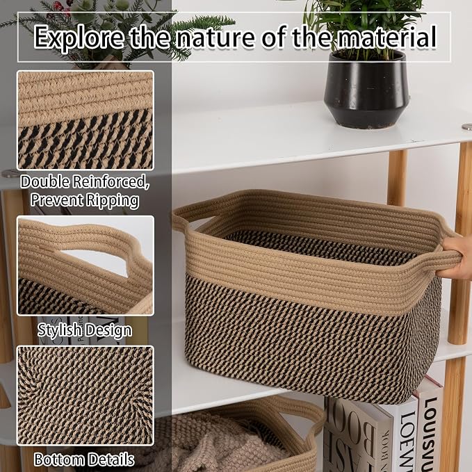 OIAHOMY 3 Pack Storage Basket for Organizing, 13''X9.85''X8.7'' Storage Bins,Woven Basket Basket with Handles, Toy Storage Basket Bin,Stylish Room Decor Basket, Brown & Black - Image 4