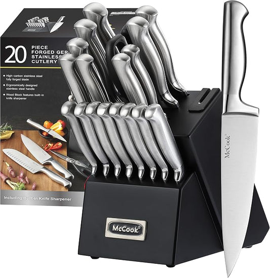 McCook Knife Set Sharp Kitchen Knife Block Set w Built-in Sharpener | German Forged Stainless Steel, 20 PC,Razor Sharp,Anti-Rust,Restaurant Grade,Ergonomic Handle,Full Tang, Gift Box by McCook