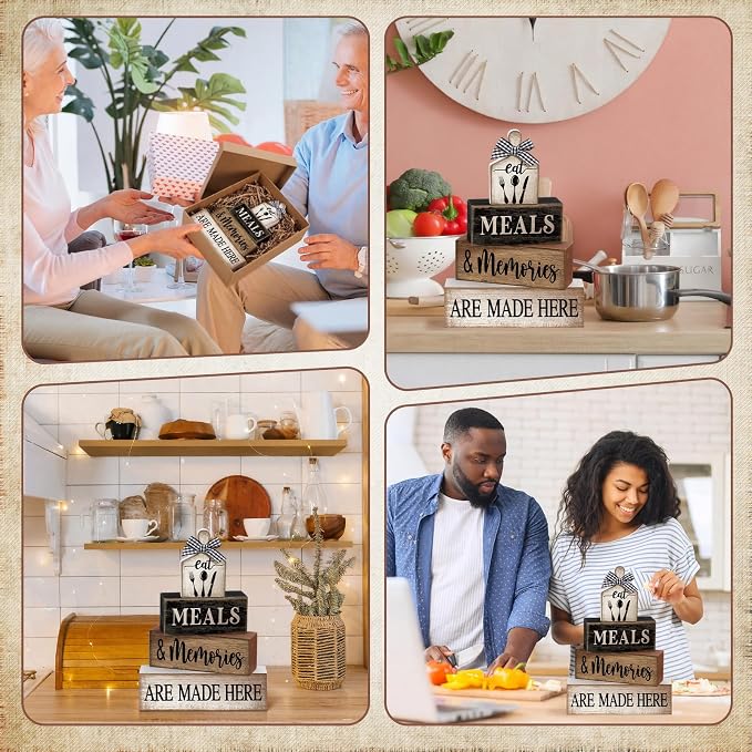 Moucuny 4 Pcs Farmhouse Kitchen Decor Wooden Plate Farmhouse Table Decor Black Brown and White Tableware Centerpiece Rustic Decorative Plates Stacked Block Sign for Display Cabinet Kitchen Decoration - Image 5