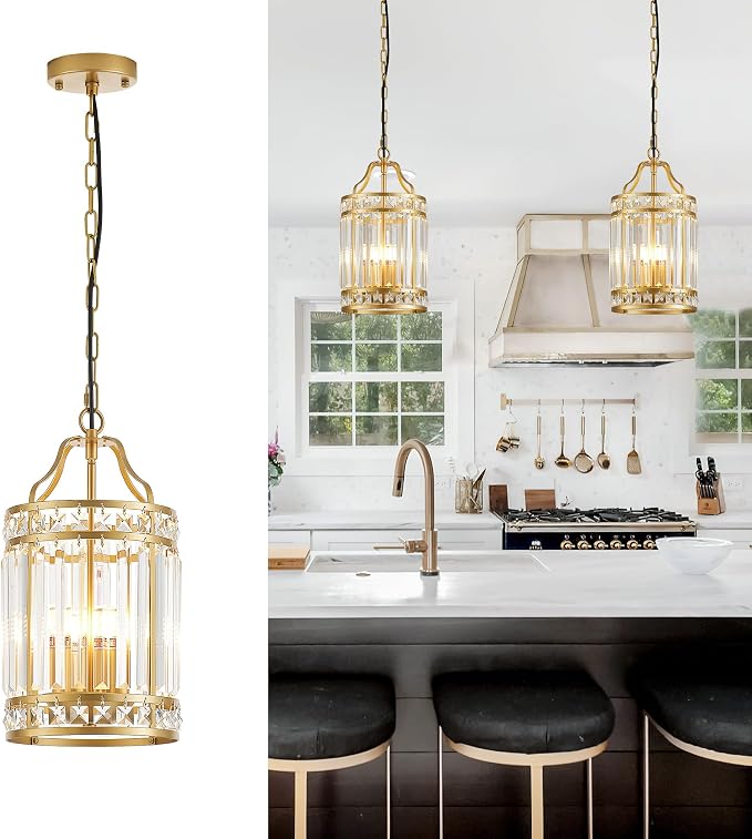 Modern Gold Pendant Island Light Fixtures for Kitchen, Luxury Elegant Crystal Small 4-Light Chandeliers for Dining Room, Industrial Cage Hanging Ceiling Lighting for Bedroom Foyer Hallway - Image 8