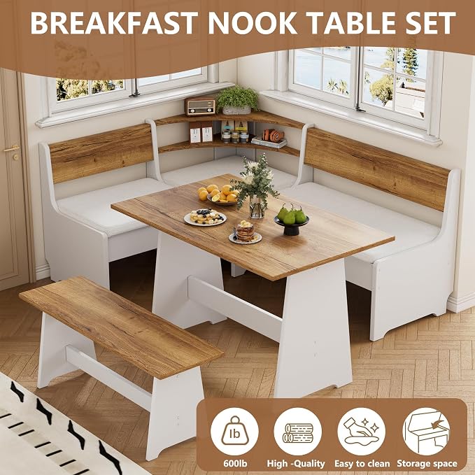 PAKASEPT Corner Breakfast Nook Table Set with Cushion, L-Shape Kitchen Dining Table with Bench, Farmhouse Wood Breakfast Nook Bench with Hidden Storage,White & Brown - Image 6