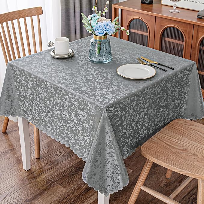 Smiry Square Table Cloth, Waterproof Heavy Duty Vinyl Tablecloths, Wipeable Washable Table Cover for Kitchen and Dining Room (Grey, 54" X 54") | Wipeable Washable Floral Embossed Table Cover for Kitchen and Dining Room, Indoor & Outdoor Use, Grey - Image 6