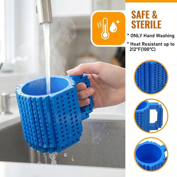 Lumsburry Build-on Brick Coffee Mug, Funny DIY Unique Novelty Drinking Cup | Building Blocks Creative Mug, for Men Women Kids Dad Mom, Present Exchange Ideas, Xmas Birthday White Elephant(Blue) - Image 3