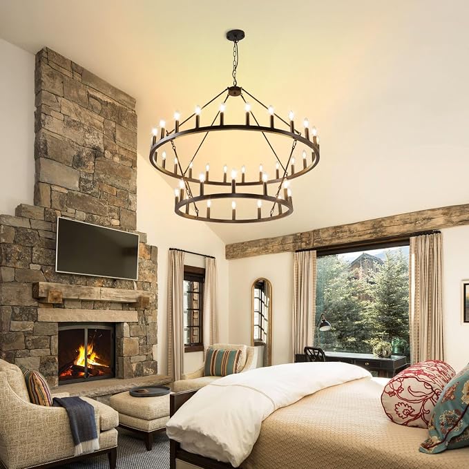 47 Inch Black Wagon Wheel Chandelier, 2 Tier 36-Lights Farmhouse Chandelier for Living Room, Round Rustic Dining Room Light Fixture, Extra Large Foyer Chandeliers for High Ceilings, for Entryway - Image 8