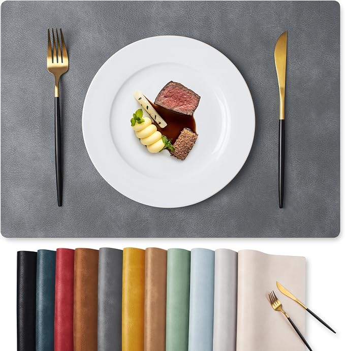 MOSAYT Vinyl Placemats Set of 8-12 X 17 Inch - Faux Leather 100% Waterproof Oil-Proof Wipeable PU Place Mats, Heat Resistant Reversible Table Mats for Kitchen, Dining, Outdoor, Grey by MOSAYT