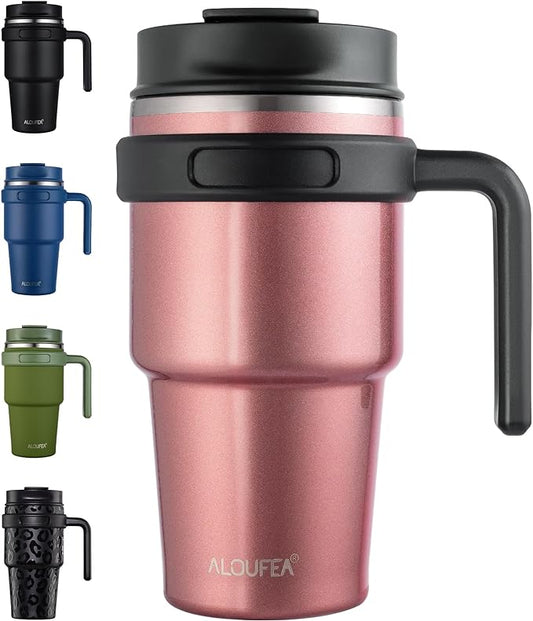 20 oz Insulated Travel Coffee Mug Tumbler with Handle and Straw | Leakproof Stainless Steel Coffee Cup with Lid, Double Wall Vacuum Ice Thermal Cup, Rose Gold by ALOUFEA