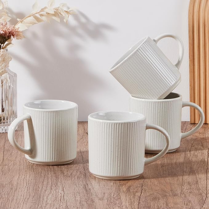 E-far Coffee Mugs Set of 4, 12 oz Stoneware Coffee Cups with Handle for Latte, Tea, Cocoa, Milk, Modern Ribbed Ceramic Mugs for Man Woman, Microwave & Dishwasher Safe, Speckled White by E-far
