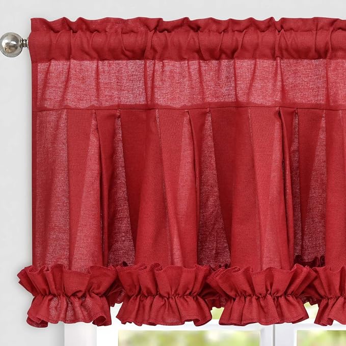 Likiyol Linen Valances for Windows Farmhouse Window Valances with Ruffle Rustic Country Light Filtering Kitchen Valance Curtains Rod Pocket Valance for Bathroom Cafe, Red, 52" W X 18" L - Image 3