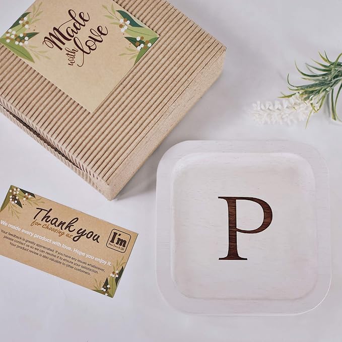 I'm Wooden Personalized Letter Catchall Valet Tray Trinket Dish Jewelry Tray Key Bowl Decorative Plate Organizing Ring Earrings Necklaces Bracelet Watch Coins Wallet Holder (6"x6" Sq White P)