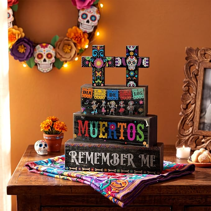Moucuny 4 Pcs Day of the Dead Table Decorations Day of the Dead Cross Centerpiece for Table Dia De Los Muertos Tiered Tray Decor Wood Sugar Skull Block Signs for Halloween Party Home Shelf Decoration - Image 4
